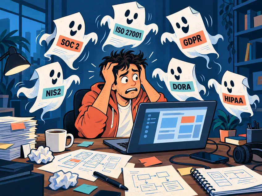 Overwhelmed founder at a cluttered desk, haunted by paper ghosts labeled SOC 2, ISO 27001, GDPR, NIS2, DORA and HIPAA.